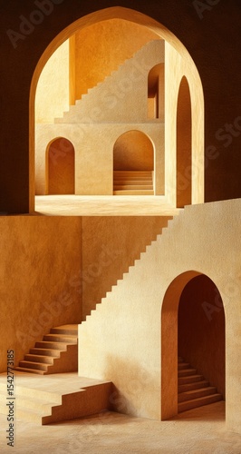 Beige architectural interior with arches and stairs. Sunlight streams in