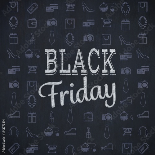 Chalkboard styled poster is displaying BLACK Friday lettering with repeating shopping icons grid