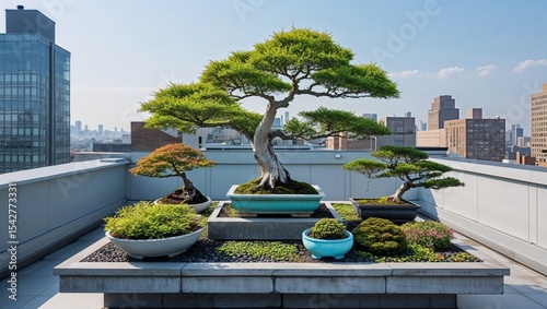 A rooftop garden featuring bonsai trees with a city skyline in the background on a sunny day