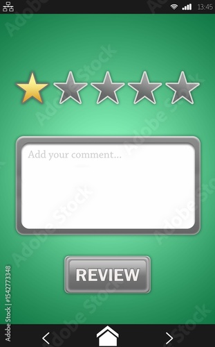 Phone is showing flat UI review with one-star rating, comment box, review button on green backdrop