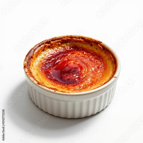 realistic photograph of a complete crÃ¨me brÃ»lÃ©e with caramelized top, isolated on white background