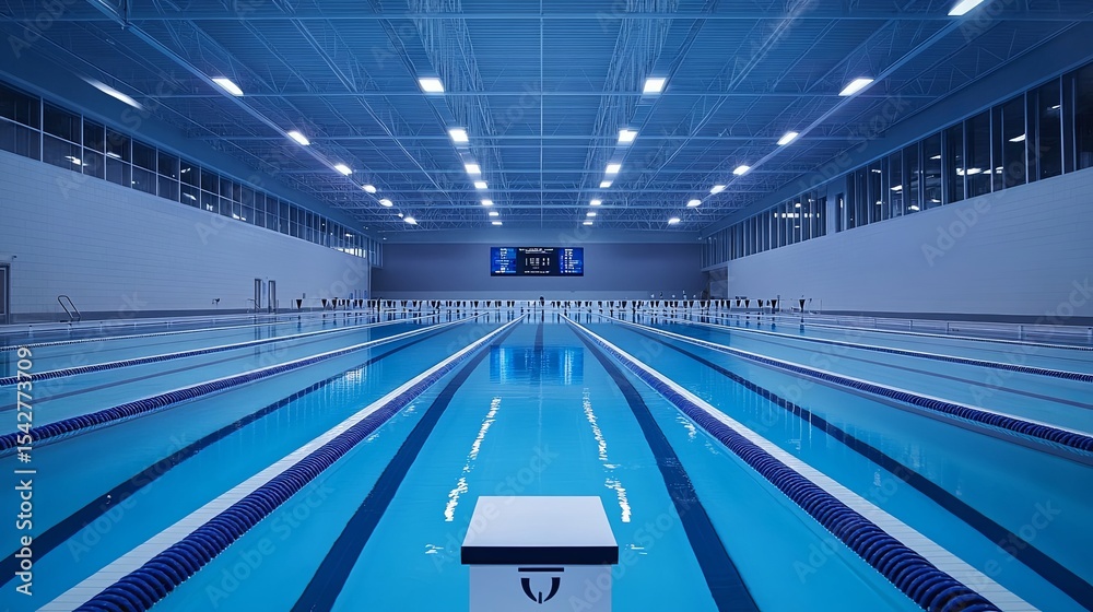Naklejka premium Empty professional swimming competition pool with starting blocks, clear lane dividers, and digital timing scoreboard silhouette in background for sports training or tournament concepts