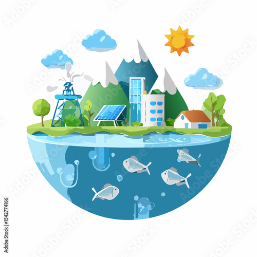 vector 3D Cartoon Ecology Metaphor, waste recycling, water, air pollution