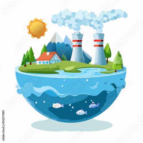 vector 3D Cartoon Ecology Metaphor, waste recycling, water, air pollution
