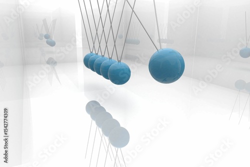 3D illustration showing glossy blue pendulums hanging in reflective chamber with mirror reflections