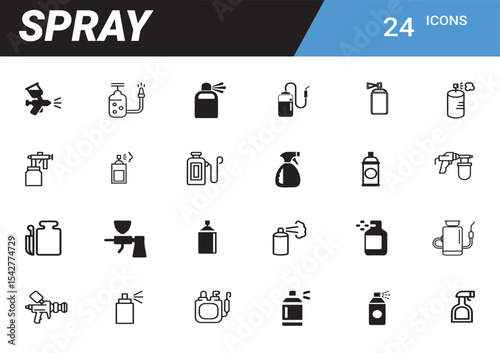 Spray Icons Set: A comprehensive collection of 24 unique spray icons, ideal for various design projects.  The icons depict different types of spray bottles and cans.