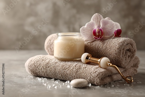 A pile of beige towels with a jar and roller, an orchid flower on a grey background. A beauty treatment concept for a spa salon.