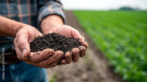 A close-up shot of a farmer's weathered hands holding a handful of rich, dark soil.