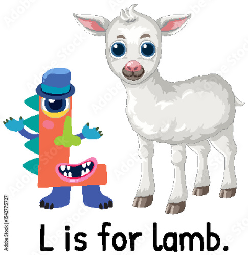 Alphabet Illustration with Playful Lamb and Letter L