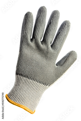 Single grey textured work glove for protection isolated with transparent background