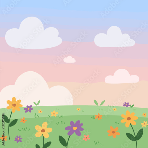 Pastel Spring Meadow Landscape: Cute Floral Illustration