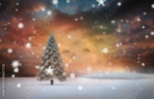 Evergreen tree is standing in flat design field while snowflakes are drifting across colorful sky