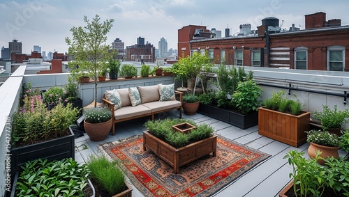 Rooftop garden with plants in planters and a seating area with a rug in an urban setting