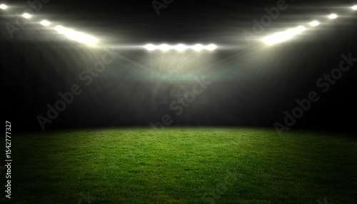 Empty trimmed grass field is glowing under flat design stadium lights in dark sports arena