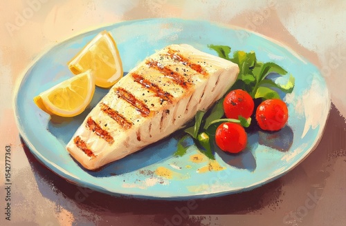 Grilled fish fillet on plate with lemon and cherry tomatoes