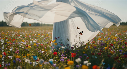 Ethereal Woman in Flowing White Dress Amidst Vibrant Wildflowers and Butterflies