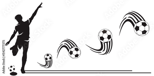 Soccer player kicking ball, isolated vector slhouette. Fooballer running with ball. Football, team sport