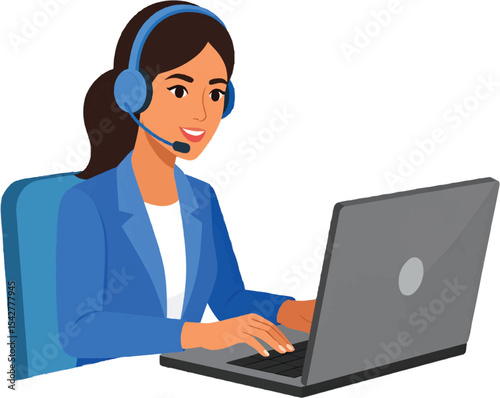 Woman with headset working on laptop providing customer service assistance today on transparent background