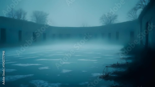 Icy water reflects foggy stone structure