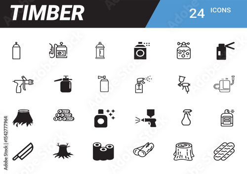 Timber Icons Set: A comprehensive set of 24 unique icons representing timber-related tools, showcasing essential equipment for woodworking projects. Includes spray bottles, sprayers, a saw, wood logs.