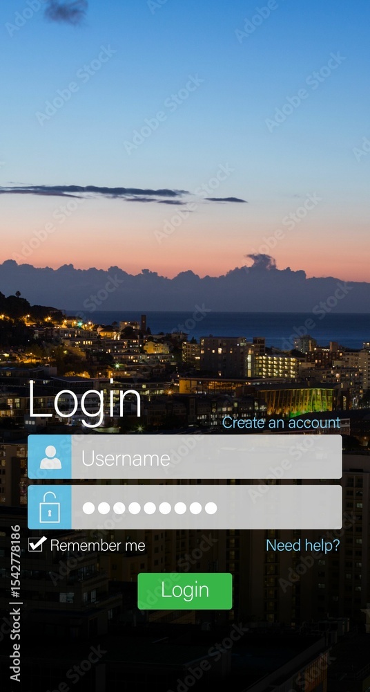 Obraz premium Close-up of login page against illuminated city during sunset