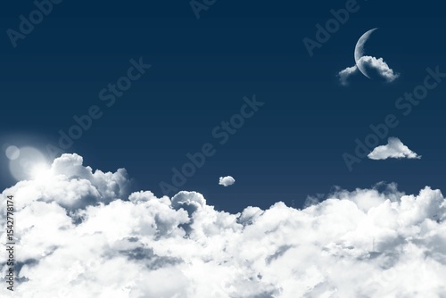 Cumulus cloud bank is filling lower frame in flat design, with sun flare and crescent moon