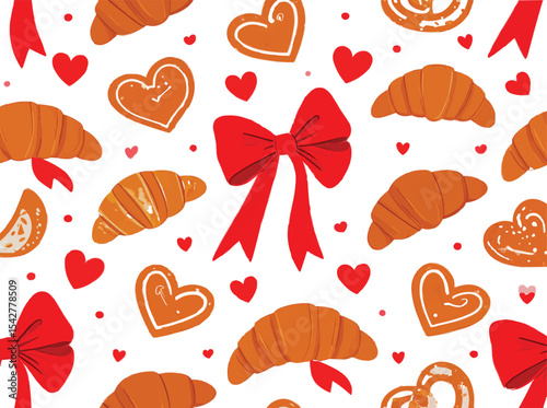 Valentine's day themed pattern featuring baked goods and red bows scattered about on transparent background