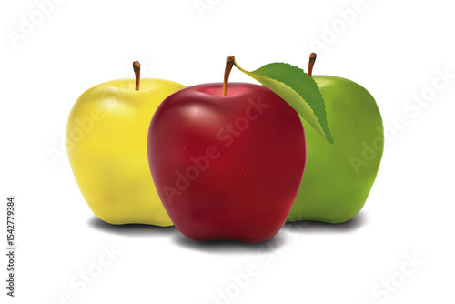 Three realistic colorful apples red, green, and yellow fruit isolated on white background.