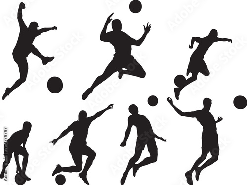 Vector Silhouette Collection: Clean and Bold Designs Collage. Dynamic image of male athletes, football players in motion with ball isolated on transparent background. Concept of professional sport, co