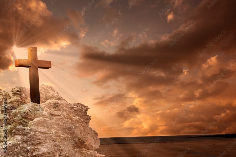 Obraz premium Cross religion symbol shape over sunset sky