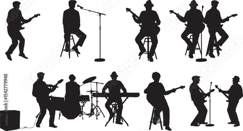 Senior people in a music band playing drums, keyboard and a guitar and singer