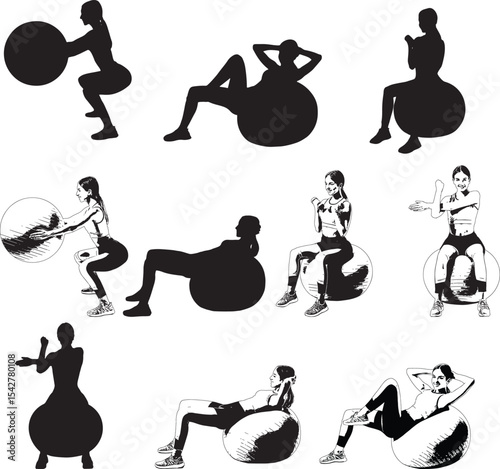 Vector Silhouette Collection: Clean and Bold Designs Set of sporty young woman training with fitball against white background