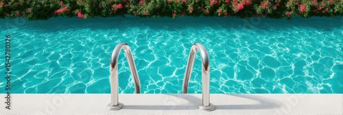 Modern garden pool ladder with sturdy metal frame and solar banner promoting DIY installation for accessible summer comfort and versatile outdoor living