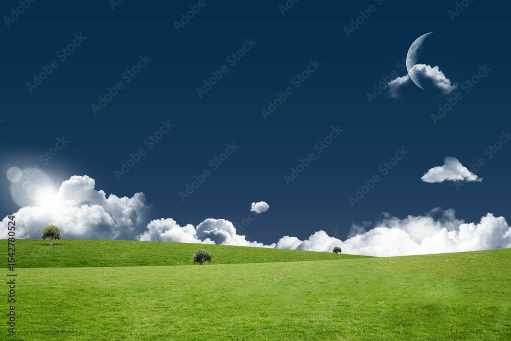 Fototapeta premium Flat design rolling green hills are unfolding under blue sky with puffy clouds, sun and moon