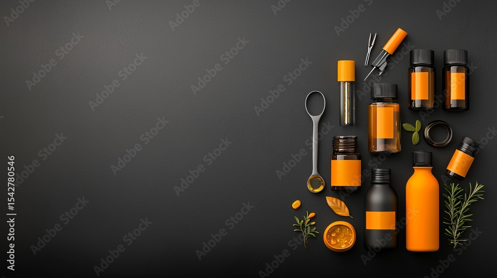 Fototapeta premium Artistic arrangement of essential oils and accessories on dark surface studio product photography minimalistic top view aromatherapy
