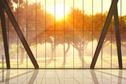 Dark angled metal beams are being shown in flat lobby illustration with glass facade, tiled floor