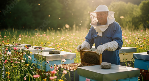 Beekeeper checking honey frames in a beautiful wildflower field with active bees and golden sunlight.