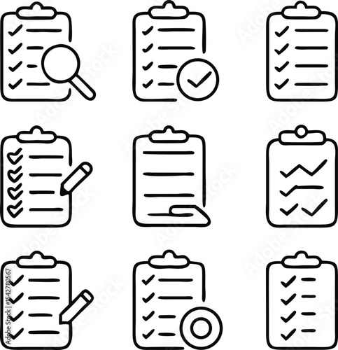 Clipboard Line Icons Collection, Task done, Project completed, Project reject, Clipboard data analysis, Clipboard with gear, Survey. Extra options, Application form and more, vector illustration