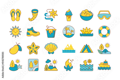 Summer Vacation Icon Set in Yellow and Blue