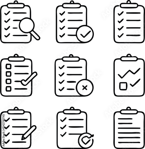 Clipboard Line Icons Collection, Task done, Project completed, Project reject, Clipboard data analysis, Clipboard with gear, Survey. Extra options, Application form and more, vector illustration
