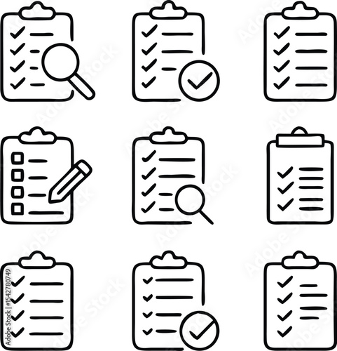 Clipboard Line Icons Collection, Task done, Project completed, Project reject, Clipboard data analysis, Clipboard with gear, Survey. Extra options, Application form and more, vector illustration