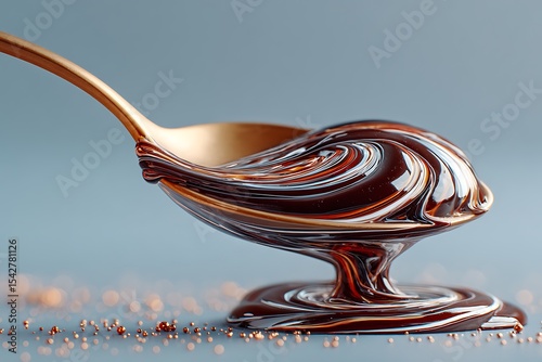 A golden spoon filled with swirling chocolate sauce, creating an elegant and artistic display of the rich texture of chocolate on a light blue background.
