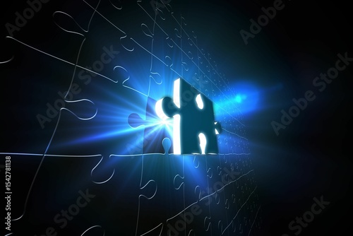 Blue glowing jigsaw piece on puzzle