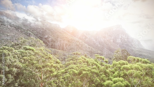 Mountains under clouds and sunshine, Green trees in the forest