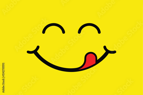 Yummy face smiley icon delicious with tongue lick mouth, tasty food eating emoticon face on yellow background, smile vector cartoon line style