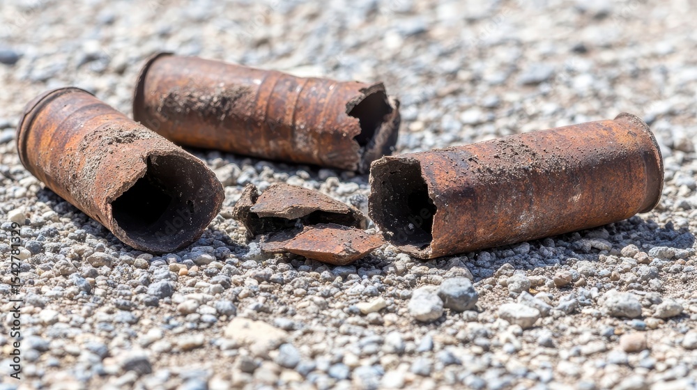 Obraz premium Rusty Metal Shells on Gravel Surface in Outdoor Setting