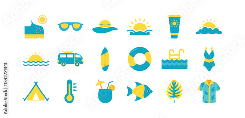 Summer Vacation Icons in Blue and Yellow