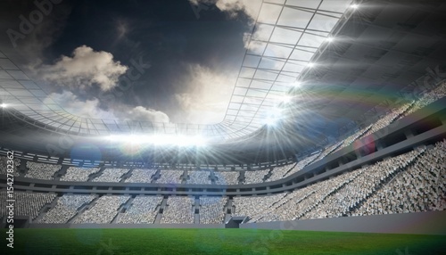 Flat design stadium interior is showing green grass field, tiered seats, lights, open roof