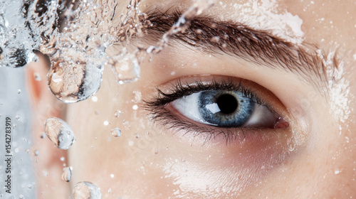 Close-up of a young woman with fresh skin, water droplets splashing on her face. 