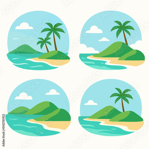 Set Four Cartoon summer landscape. Nature paradise island view, green hills, ocean wave and sky landscape flat vector illustration. Ocean view panorama
